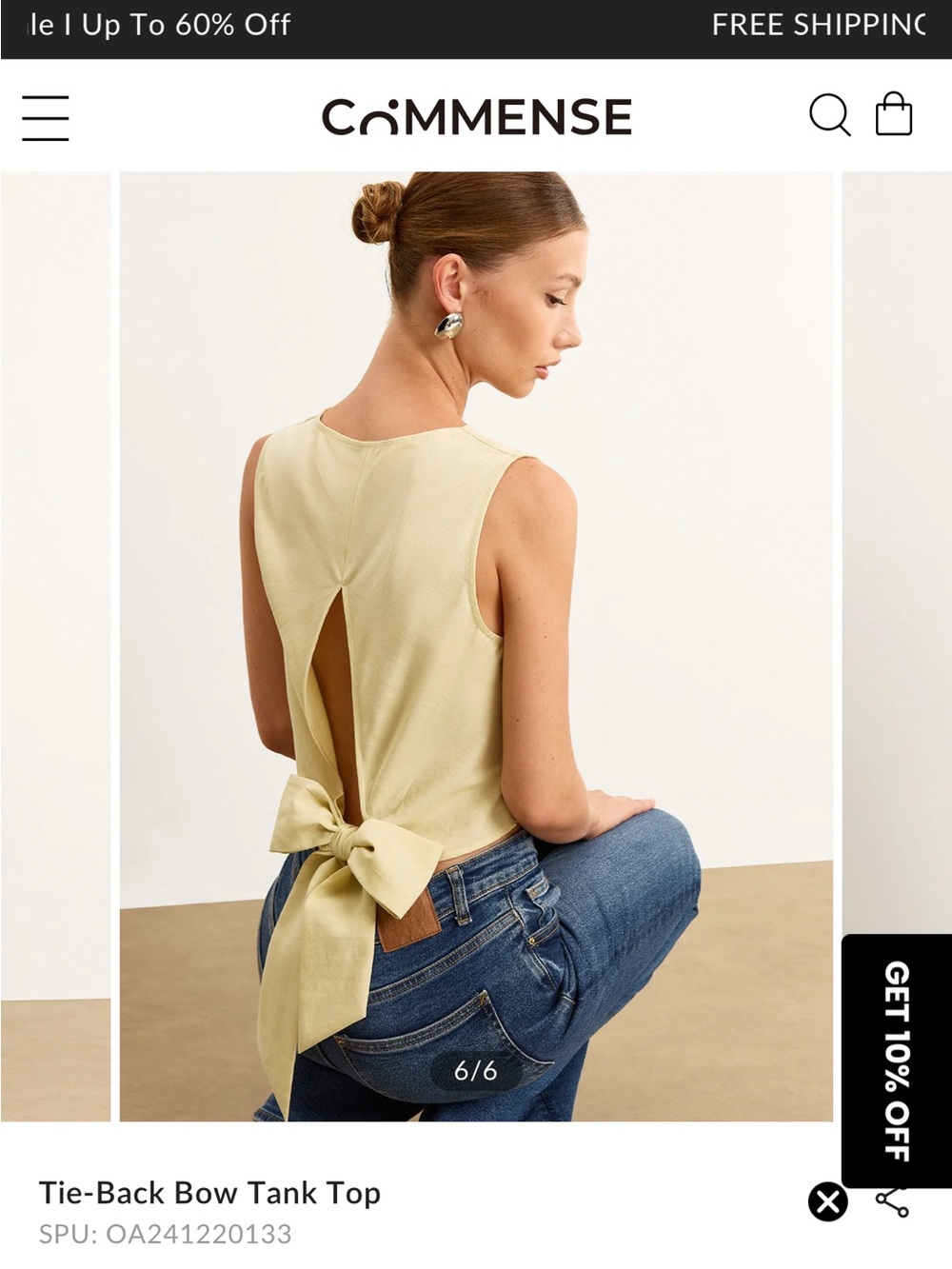 COMMENSE Open-Back Tie Bow Tank Top — Pale Yellow